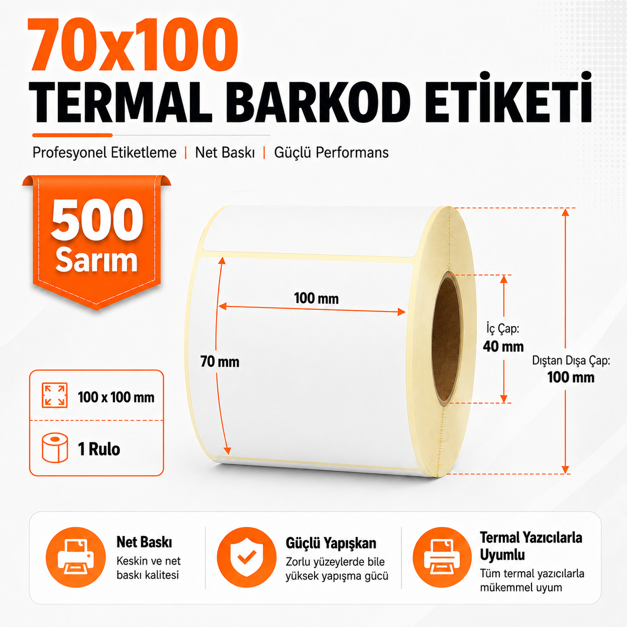 70x100 Termal Barkod Etiketi 500 Sarım