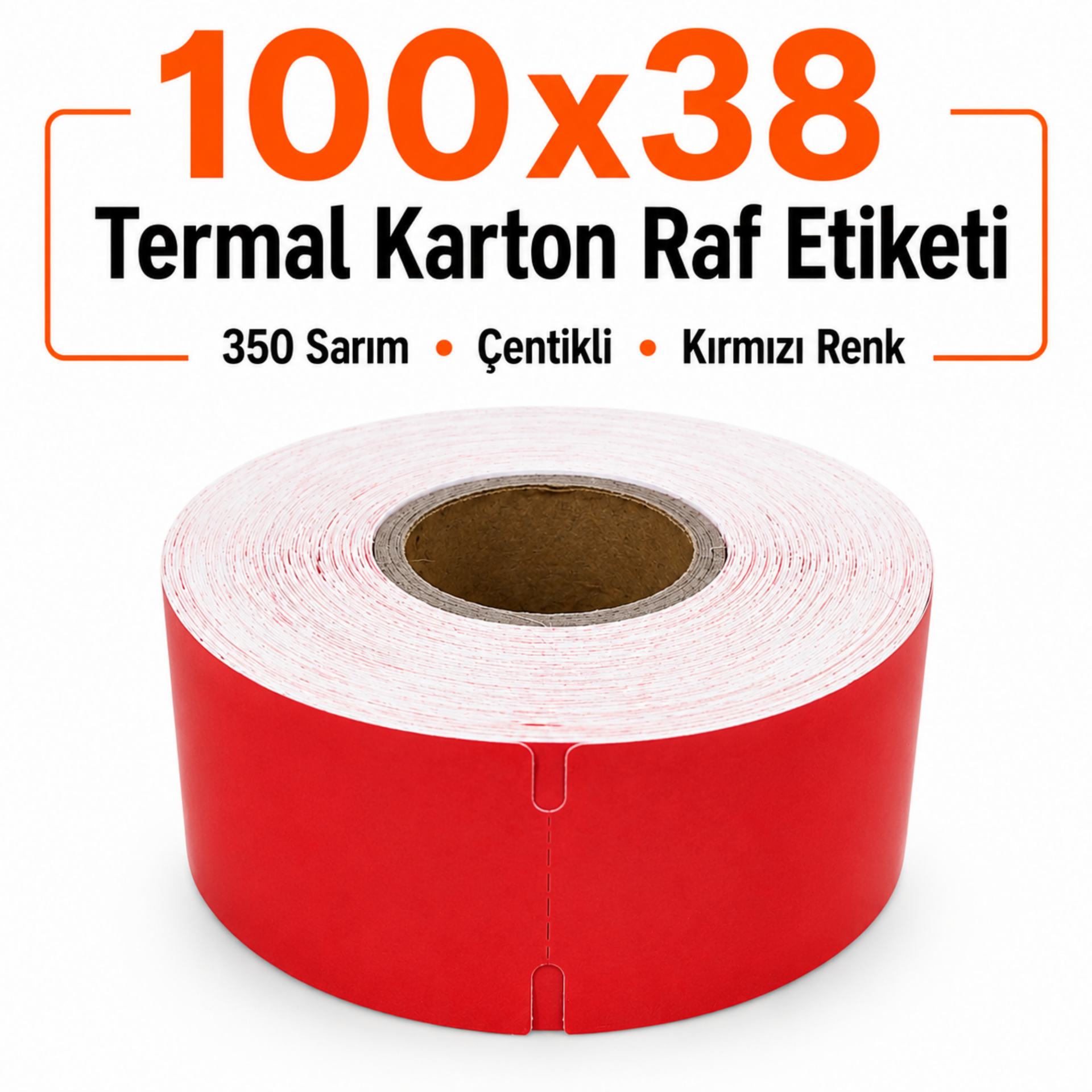 100x38 Kırmızı Termal Karton Raf Etiketi 350 Sarım Çentikli