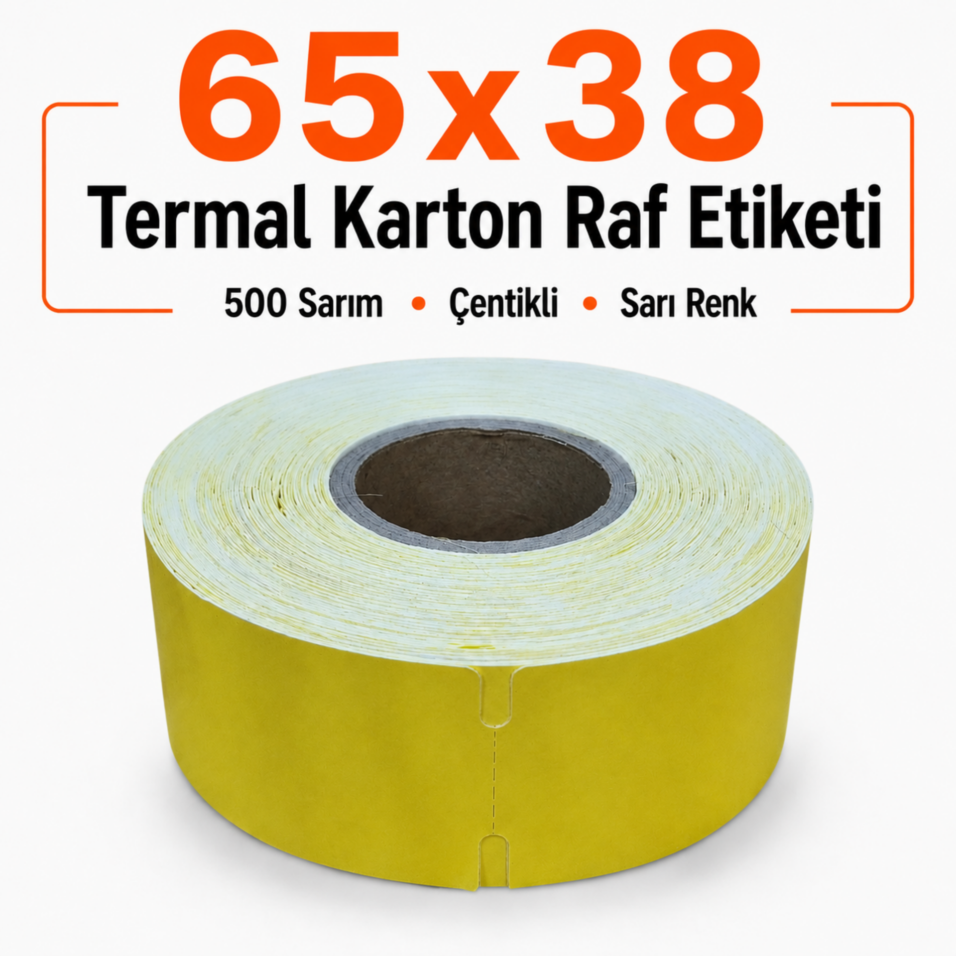 65x38 Sarı Termal Karton Raf Etiketi 500 Sarım Çentikli